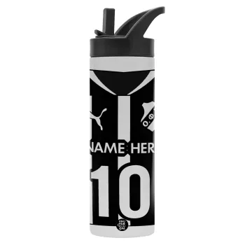 ΟΦΗ εμφάνιση, Metallic thermos bottle with straw & handle, stainless steel (Stainless steel 304), double-walled, 600ml.