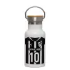 Metallic thermos (Stainless steel) White with wooden lid (bamboo), double-walled, 350ml
