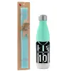 Easter Set, Metallic green/white thermos (Stainless steel), double-walled, 500ml & scented flat Easter candle (30cm) (TURQUOISE)