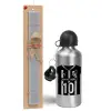 Easter Set, metallic silver aluminum water bottle (500ml) & aromatic flat Easter candle (30cm) (GRAY)
