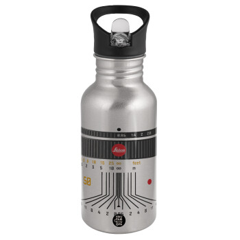 Leica Lens, Water bottle Silver with straw, stainless steel 500ml