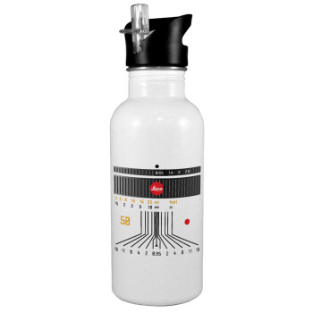 Leica Lens, White water bottle with straw, stainless steel 600ml