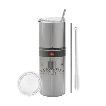 Leica Lens, Eco friendly stainless steel Silver tumbler 600ml, with metal straw & cleaning brush