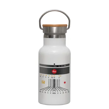Leica Lens, Μεταλλικό παγούρι θερμός (Stainless steel) Λευκό με ξύλινο καπακι (bamboo), διπλού τοιχώματος, 350ml