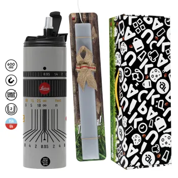Leica Lens, Πασχαλινή Λαμπάδα με Travel Tumbler θερμό (600ml, BPA free) & κερί αρωματικό πλακέ (30cm) (ΓΚΡΙ)