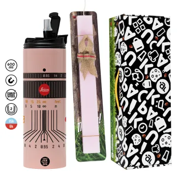 Leica Lens, Πασχαλινή Λαμπάδα με  ΡΟΖ Travel Tumbler θερμό (600ml, BPA free) & κερί αρωματικό πλακέ (30cm) (ΡΟΖ)