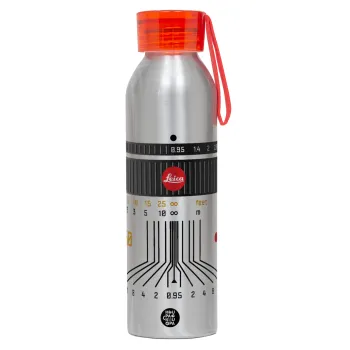 Leica Lens, Αλουμινένιο Αθλητικό Μπουκάλι 650ml – Ασημί με Κόκκινο Καπάκι και Λουράκι Σιλικόνης