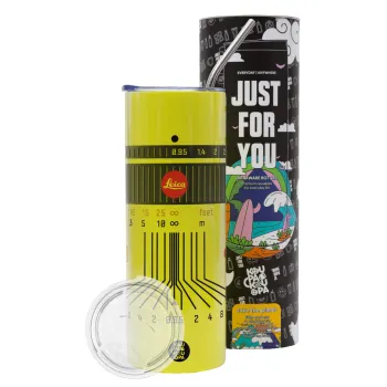 Leica Lens, Neon Yellow Travel Tumbler θερμό, μεταλλικό καλαμάκι(Ανωξείδωτο 304 Food grade, BPA free, 600ml)