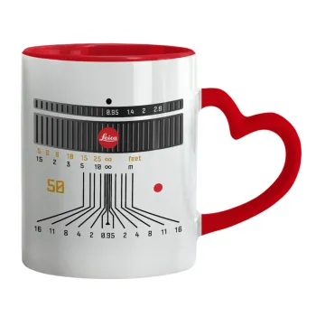 Leica Lens, Κούπα καρδιά χερούλι κόκκινη, κεραμική, 330ml