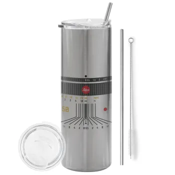 Leica Lens, Tumbler ποτήρι θερμό Ασημένιο από ανοξείδωτο ατσάλι 600ml, με μεταλλικό καλαμάκι & βούρτσα καθαρισμού