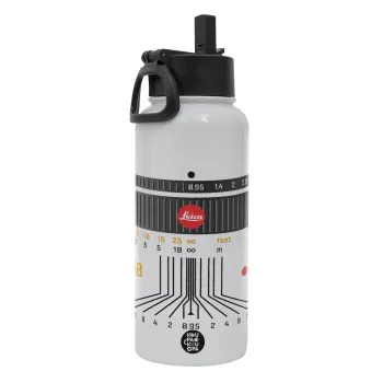 Leica Lens, Μεταλλικό παγούρι θερμός Λευκό με καλαμάκι και χερούλι (Stainless steel), διπλού τοιχώματος, 950ml