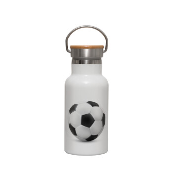 Μπάλα ποδοσφαίρου, Μεταλλικό παγούρι θερμός (Stainless steel) Λευκό με ξύλινο καπακι (bamboo), διπλού τοιχώματος, 350ml