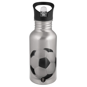 Soccer ball, Water bottle Silver with straw, stainless steel 500ml