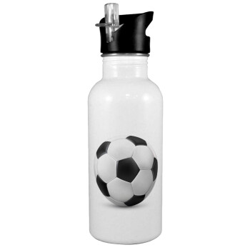 Soccer ball, White water bottle with straw, stainless steel 600ml
