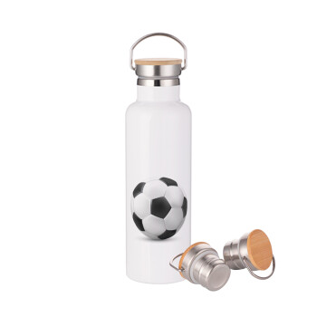 Μπάλα ποδοσφαίρου, Μεταλλικό παγούρι θερμός (Stainless steel) Λευκό με ξύλινο καπακι (bamboo), διπλού τοιχώματος, 750ml