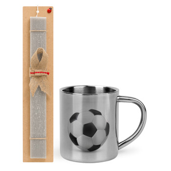 Soccer ball, Easter Set, metallic thermal cup (300ml) & Easter aromatic flat candle (30cm) (GRAY)