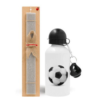 Μπάλα ποδοσφαίρου, Πασχαλινό Σετ, παγούρι μεταλλικό  αλουμινίου (500ml) & πασχαλινή λαμπάδα αρωματική πλακέ (30cm) (ΓΚΡΙ)