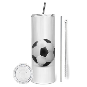 Μπάλα ποδοσφαίρου, Eco friendly ποτήρι θερμό (tumbler) από ανοξείδωτο ατσάλι 600ml, με μεταλλικό καλαμάκι & βούρτσα καθαρισμού