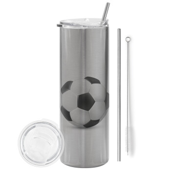 Μπάλα ποδοσφαίρου, Eco friendly ποτήρι θερμό Ασημένιο (tumbler) από ανοξείδωτο ατσάλι 600ml, με μεταλλικό καλαμάκι & βούρτσα καθαρισμού