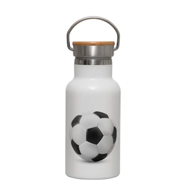 Soccer ball — Metallic thermos (Stainless steel) White with wooden lid (bamboo), double-walled, 350ml