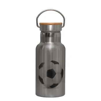 Soccer ball, Stainless steel metallic thermos flask, silver with a bamboo lid, double-walled, 350ml.