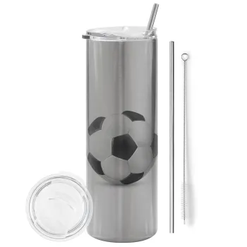 Soccer ball, Tumbler stainless steel Silver 600ml, with metal straw & cleaning brush