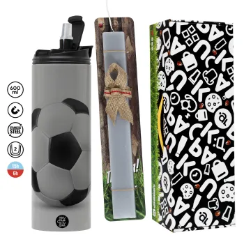 Soccer ball, Easter candle with Grey Tumbler Thermo 600ml & aromatic flat candle (30cm) (GREY)