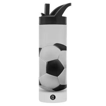 Μπάλα ποδοσφαίρου, Μεταλλικό παγούρι θερμός με καλαμάκι & χειρολαβή, ανοξείδωτο ατσάλι (Stainless steel 304), διπλού τοιχώματος, 600ml