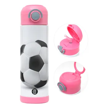 Μπάλα ποδοσφαίρου, Παιδικό παγούρι θερμό, ανοξείδωτο, με καλαμάκι ασφαλείας, ΡΟΖ (500ml)