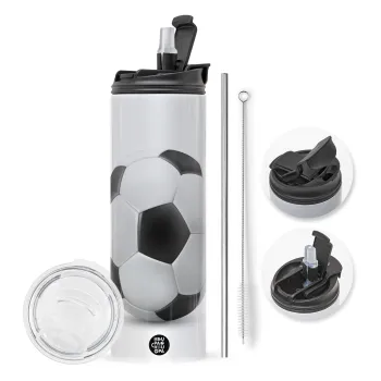 Μπάλα ποδοσφαίρου, Travel Tumbler θερμό με διπλό καπάκι, μεταλλικό καλαμάκι και βούρτσα καθαρισμού (Ανωξείδωτο 304 Food grade, BPA free, 600ml)