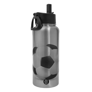 Μπάλα ποδοσφαίρου, Μεταλλικό παγούρι θερμός Silver με καλαμάκι και χερούλι (Stainless steel), διπλού τοιχώματος, 950ml