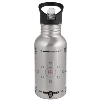 Camera viewfinder, Water bottle Silver with straw, stainless steel 500ml
