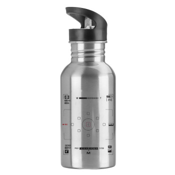Camera viewfinder, Water bottle Silver with straw, stainless steel 600ml