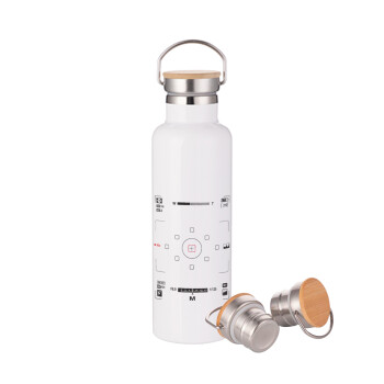 Camera viewfinder, Stainless steel White with wooden lid (bamboo), double wall, 750ml