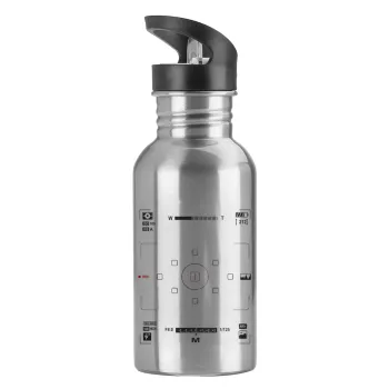Camera viewfinder, Water bottle Silver with straw, stainless steel 600ml