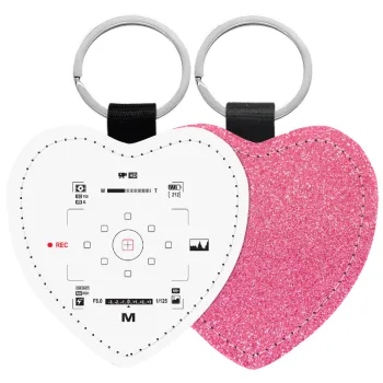 Camera viewfinder, Μπρελόκ PU δερμάτινο glitter καρδιά ΡΟΖ