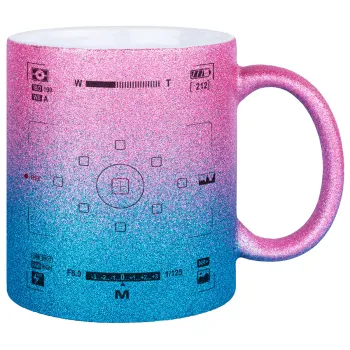 Camera viewfinder, Κούπα Χρυσή/Μπλε Glitter, κεραμική, 330ml