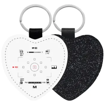 Camera viewfinder, Μπρελόκ PU δερμάτινο glitter καρδιά ΜΑΥΡΟ