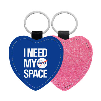 I need my space, Μπρελόκ PU δερμάτινο glitter καρδιά ΡΟΖ
