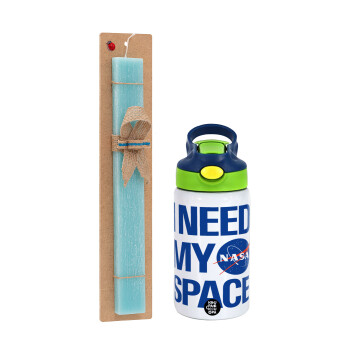 I need my space, Easter Set, Children's thermal stainless steel bottle with safety straw, green/blue (350ml) & aromatic flat Easter candle (30cm) (TURQUOISE)