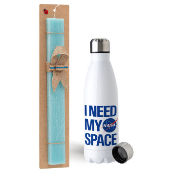 I need my space, Easter Set, metallic stainless steel water bottle (750ml) & aromatic flat Easter candle (30cm) (TURQUOISE)