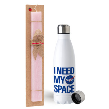 I need my space, Easter Set, metallic stainless steel water bottle (750ml) & scented flat Easter candle (30cm) (PINK)