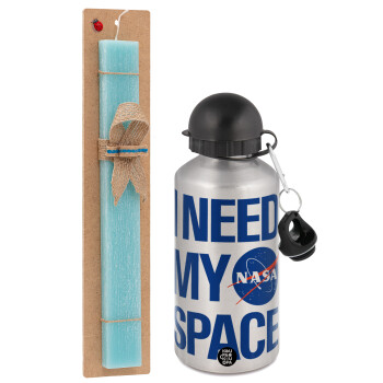 I need my space, Easter Set, metallic silver aluminum water bottle (500ml) & scented flat Easter candle (30cm) (TURQUOISE)