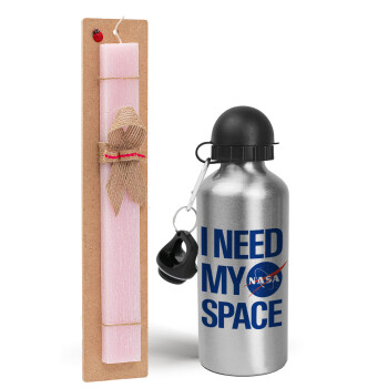 I need my space, Πασχαλινό Σετ, παγούρι μεταλλικό Ασημένιο αλουμινίου (500ml) & πασχαλινή λαμπάδα αρωματική πλακέ (30cm) (ΡΟΖ)