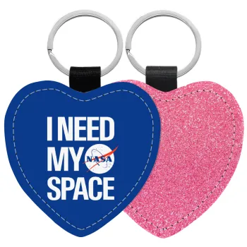 I need my space, Μπρελόκ PU δερμάτινο glitter καρδιά ΡΟΖ