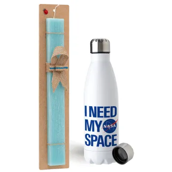 I need my space, Easter Set, metallic stainless steel water bottle (750ml) & aromatic flat Easter candle (30cm) (TURQUOISE)