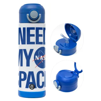I need my space, Παιδικό παγούρι θερμό, ανοξείδωτο, με καλαμάκι ασφαλείας, ΜΠΛΕ (500ml)
