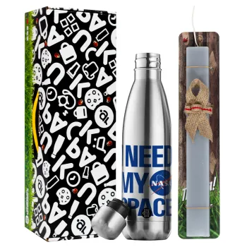 I need my space, Easter Set, metallic stainless thermos flask (500ml) & scented flat Easter candle (30cm) (GRAY)