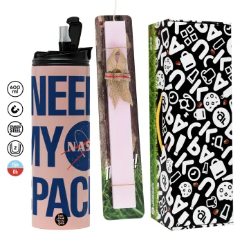 I need my space, Πασχαλινή Λαμπάδα με  ΡΟΖ Travel Tumbler θερμό (600ml, BPA free) & κερί αρωματικό πλακέ (30cm) (ΡΟΖ)