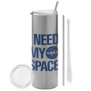 I need my space, Tumbler ποτήρι θερμό Ασημένιο από ανοξείδωτο ατσάλι 600ml, με μεταλλικό καλαμάκι & βούρτσα καθαρισμού